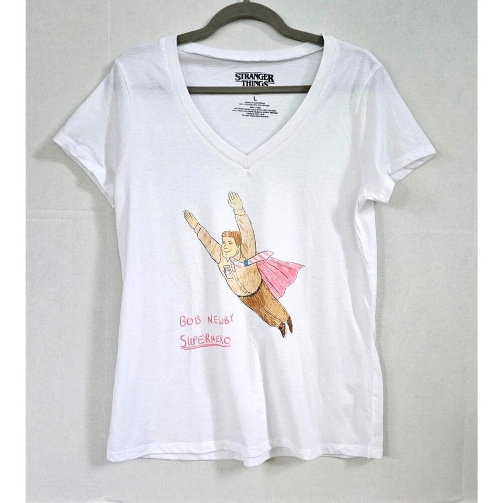 Netflix Stranger Things V‑Neck Tee‎ Large Bob Newby Superhero Graphic | Rare New